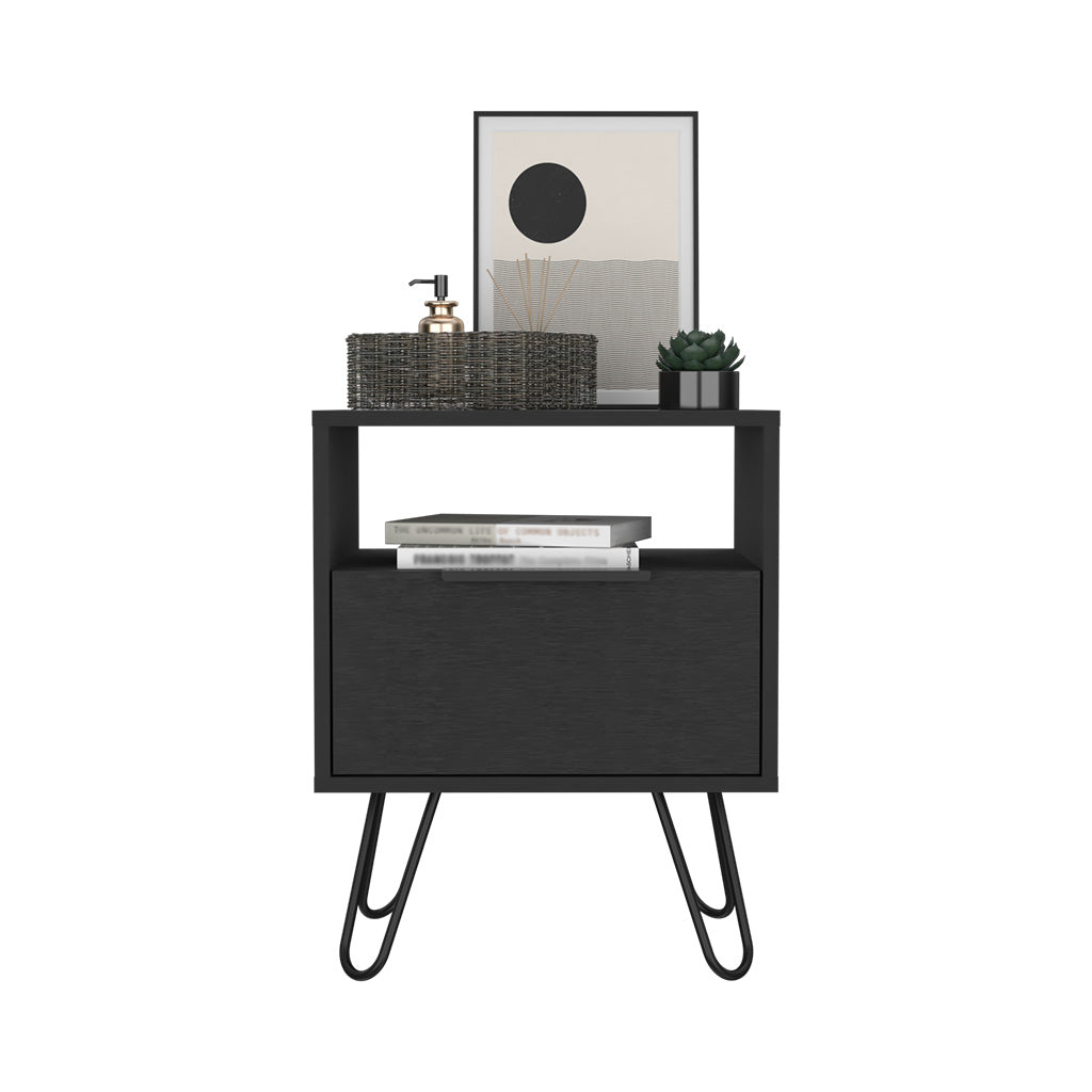 Nightstand Skyoner, Single Drawer, Hairpin Legs, Black Wengue Finish Black Particle Board