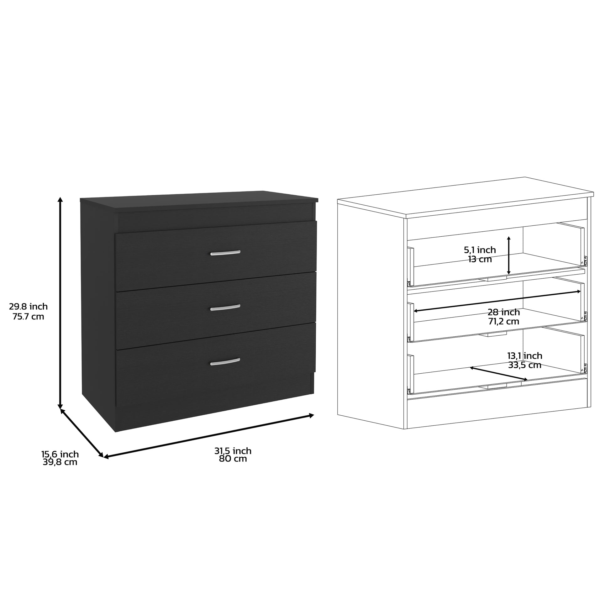 Three Drawer Dresser Lial, Superior Top, Metal Hardware, Black Wengue Finish Black Particle Board