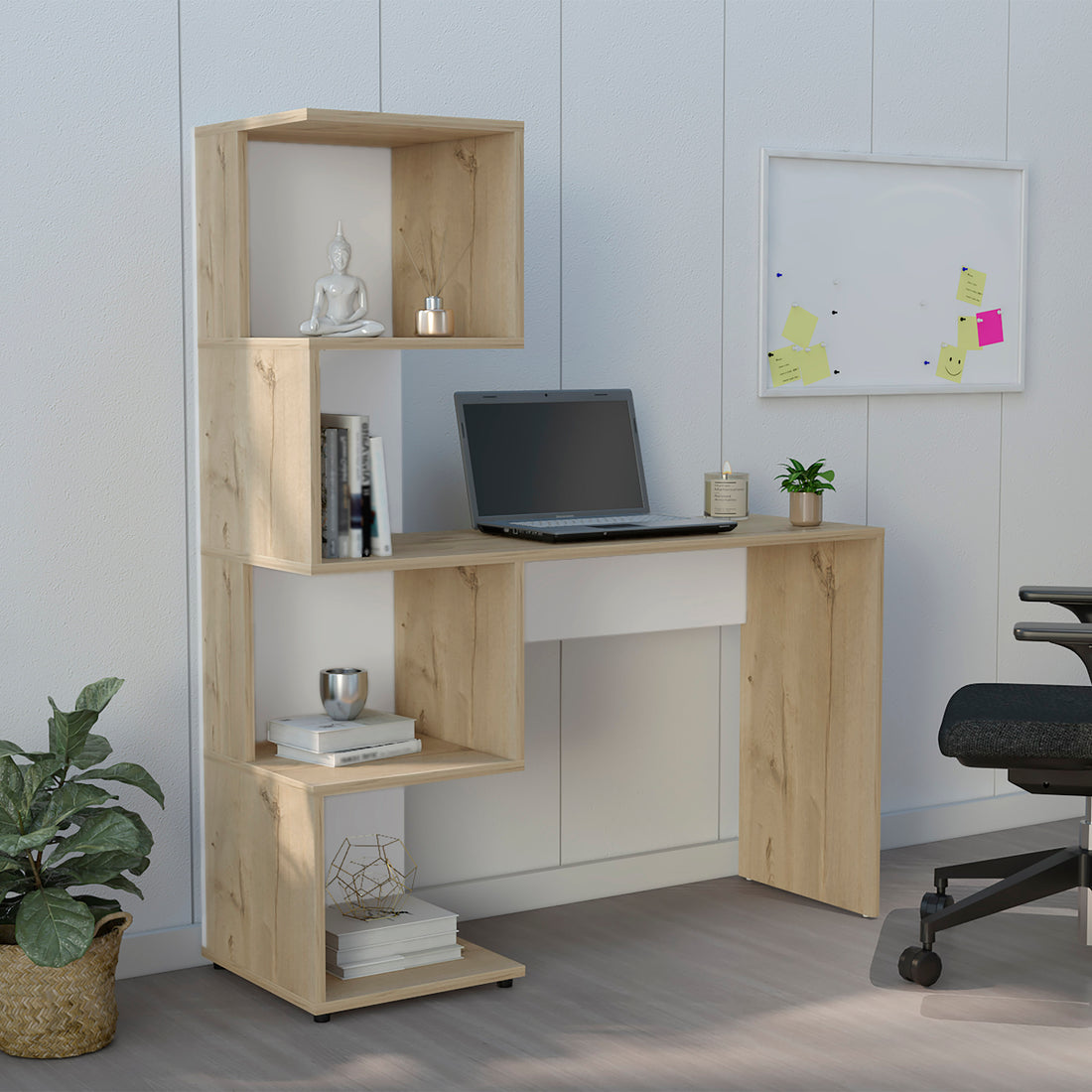 Computer Desk Jayess With Four Tier Storage Shelves, Light Oak White Light Oak Particle Board