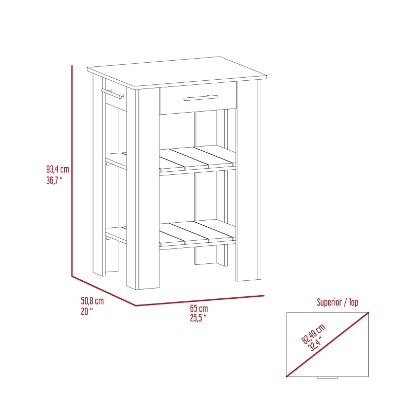 Kitchen Island 23 Inches Dozza With Single Drawer And Two Tier Shelves, Black Wengue Light Oak Finish Light Oak Particle Board