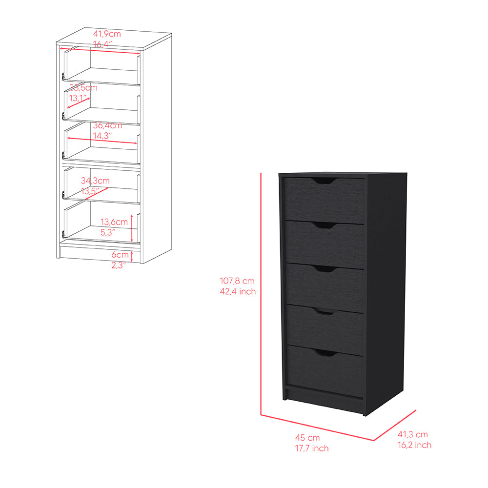 Dresser Kamran, Five Drawers Narrow, Black Wengue Finish Black Particle Board