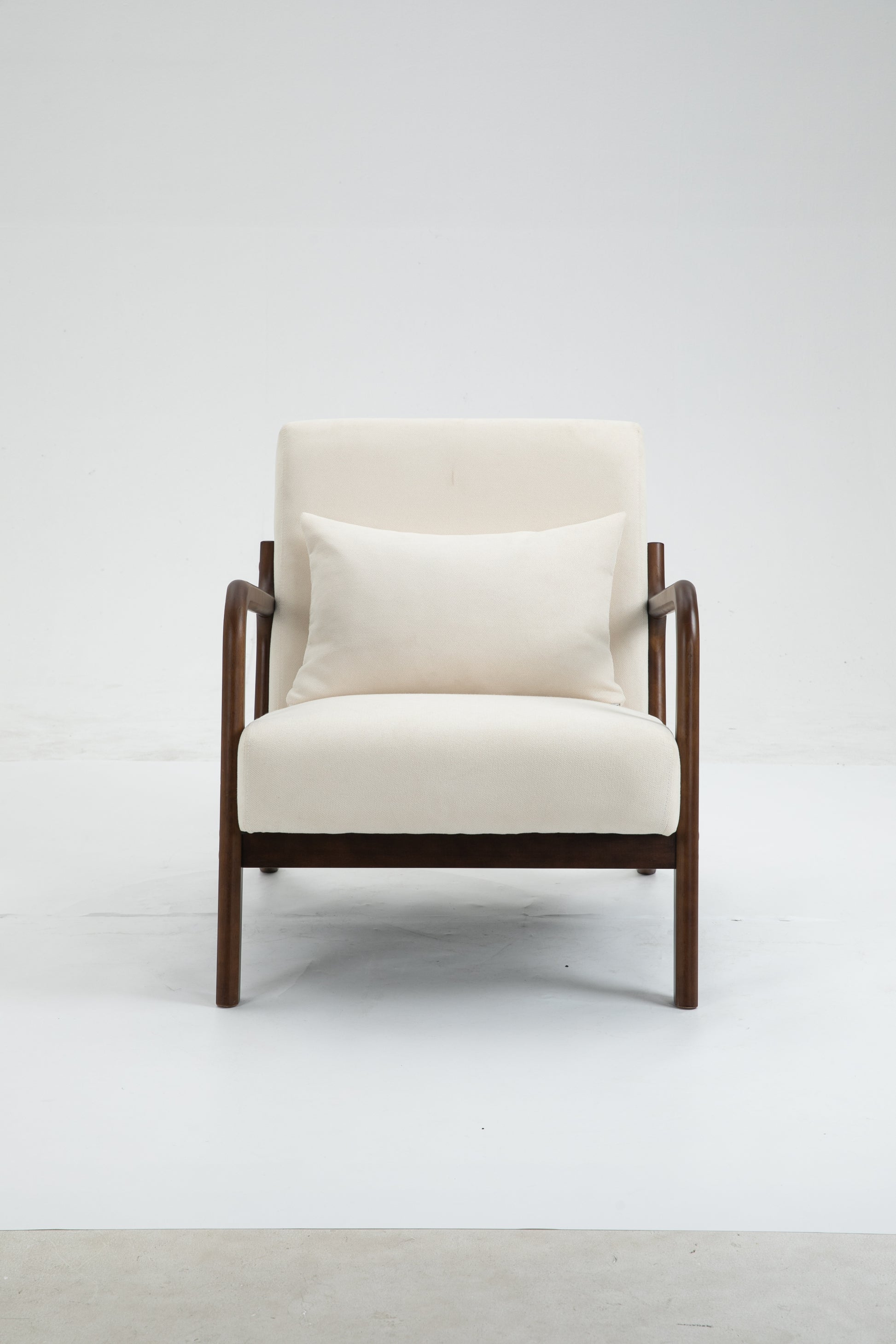 Mid Century Modern Accent Chair With Wood Frame, Upholstered Living Room Chairs With Waist Cushion, Reading Armchair For Bedroom Sunroom White Cotton Velvet