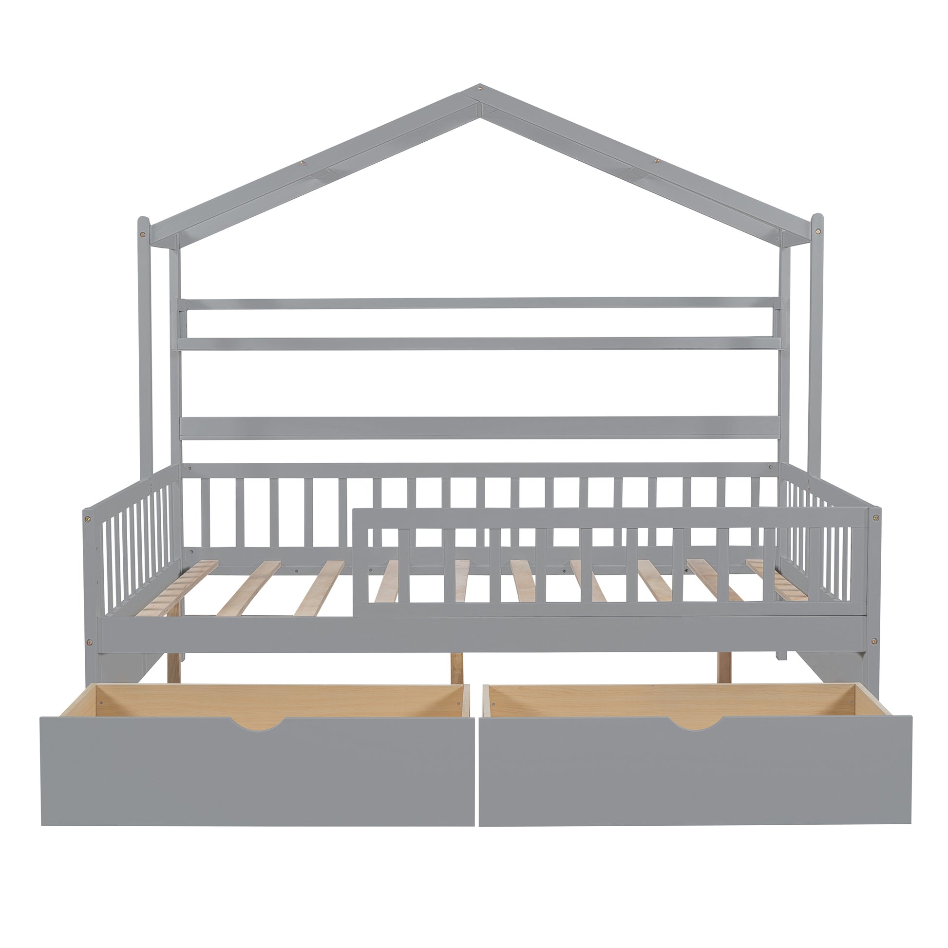 Wooden Full Size House Bed With 2 Drawers,Kids Bed With Storage Shelf, Gray Gray Wood