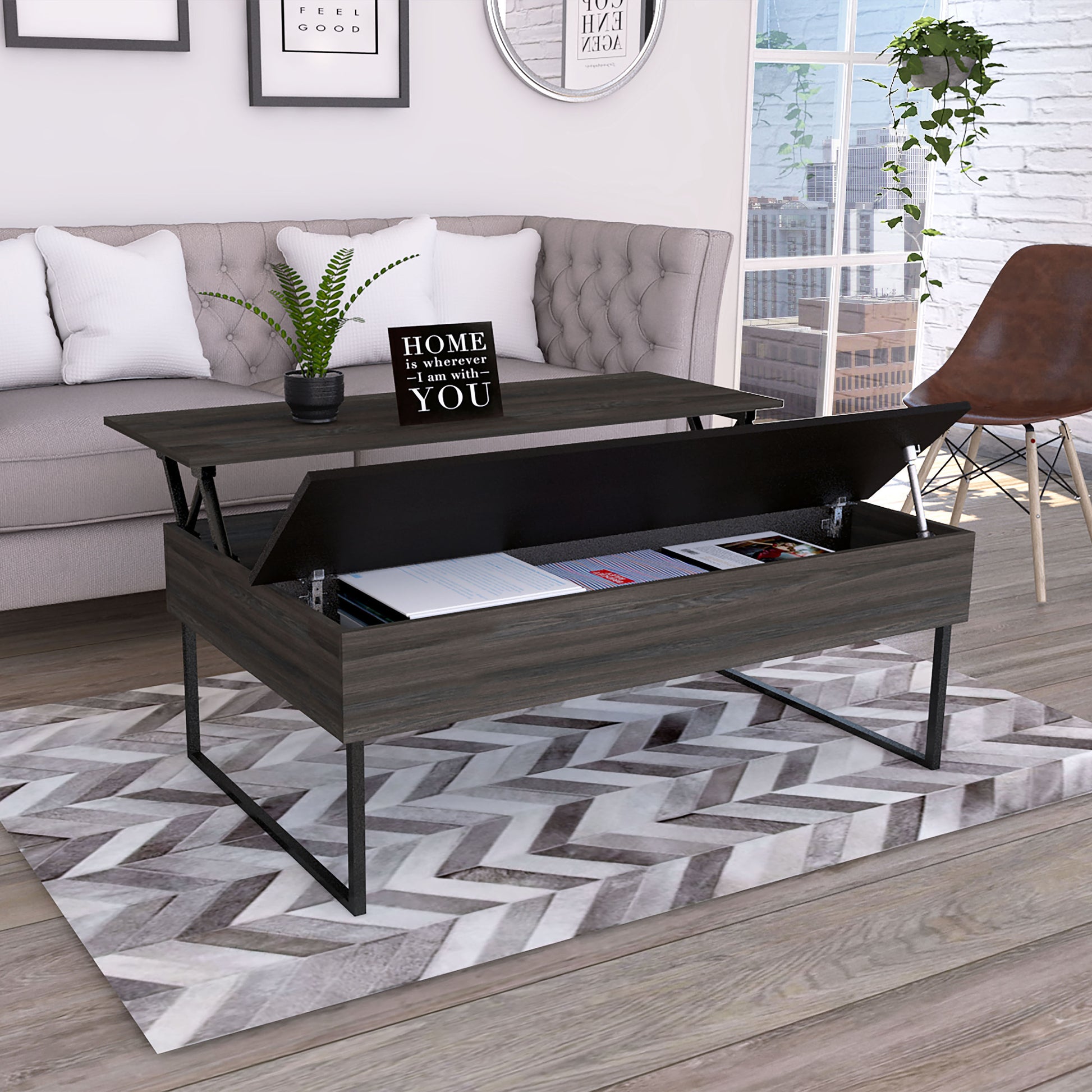 Lift Top Coffee Table Wuzz, Two Legs, Two Shelves, Carbon Espresso Black Wengue Finish Espresso Particle Board
