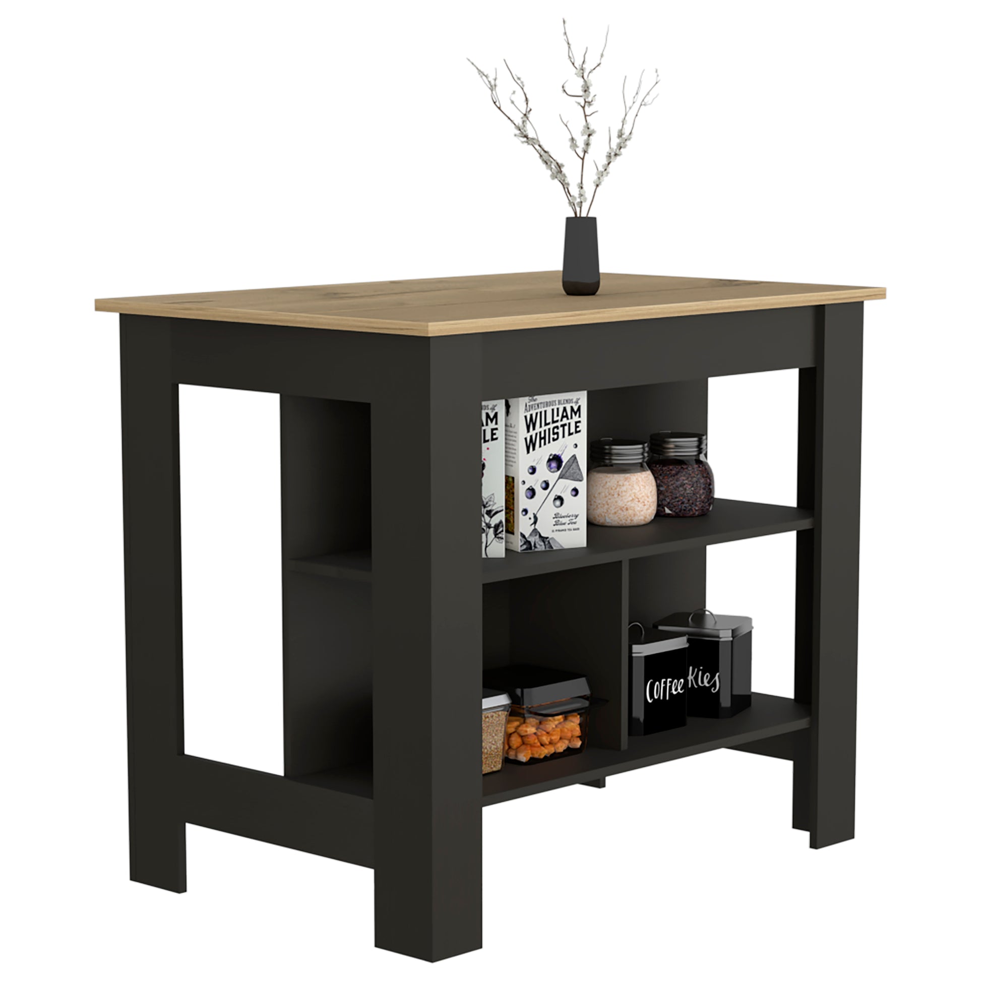 Kitchen Island Dozza, Three Shelves, Black Wengue Light Oak Finish Black Particle Board