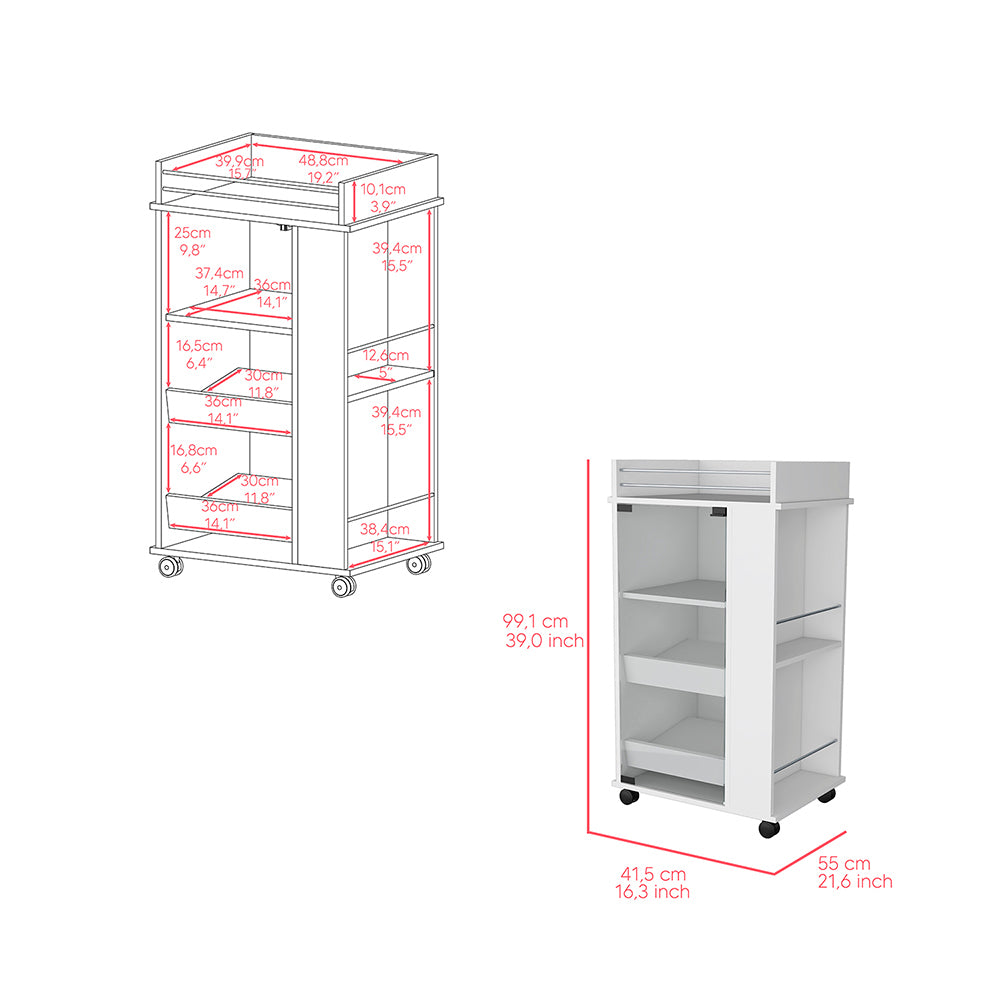 Bar Cart with Two Side Shelves Beaver, Glass Door and white-particle board