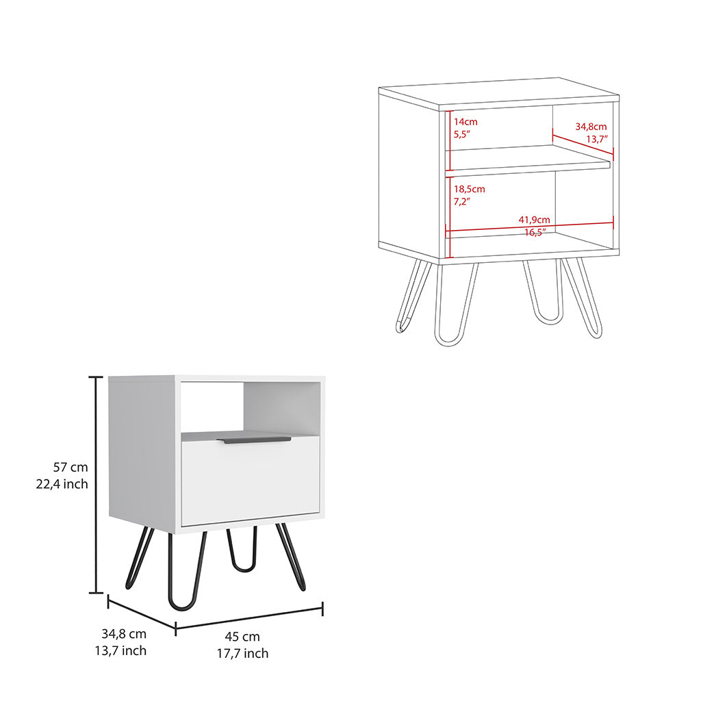 Nightstand Skyoner, Single Drawer, Hairpin Legs, White Finish White Particle Board