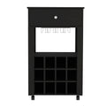 Bar Cart Bayamon, Twelve Wine Cubbies, Four Legs, Black Wengue Finish Black Particle Board