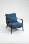 Mid Century Modern Accent Chair With Wood Frame, Upholstered Living Room Chairs With Waist Cushion, Reading Armchair For Bedroom Sunroom Blue Cotton Velvet