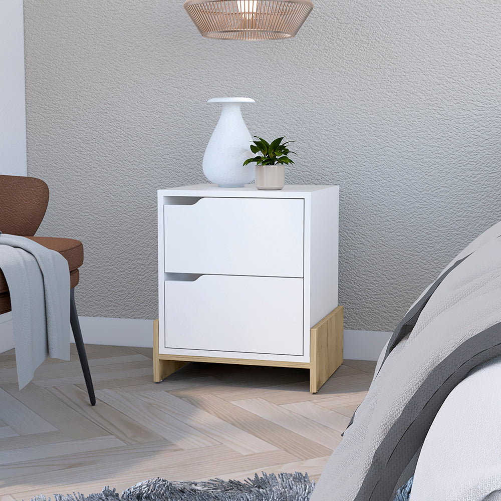 Nightstand Brookland, Bedside Table With Double Drawers And Sturdy Base, White Macadamia Finish Multicolor Particle Board