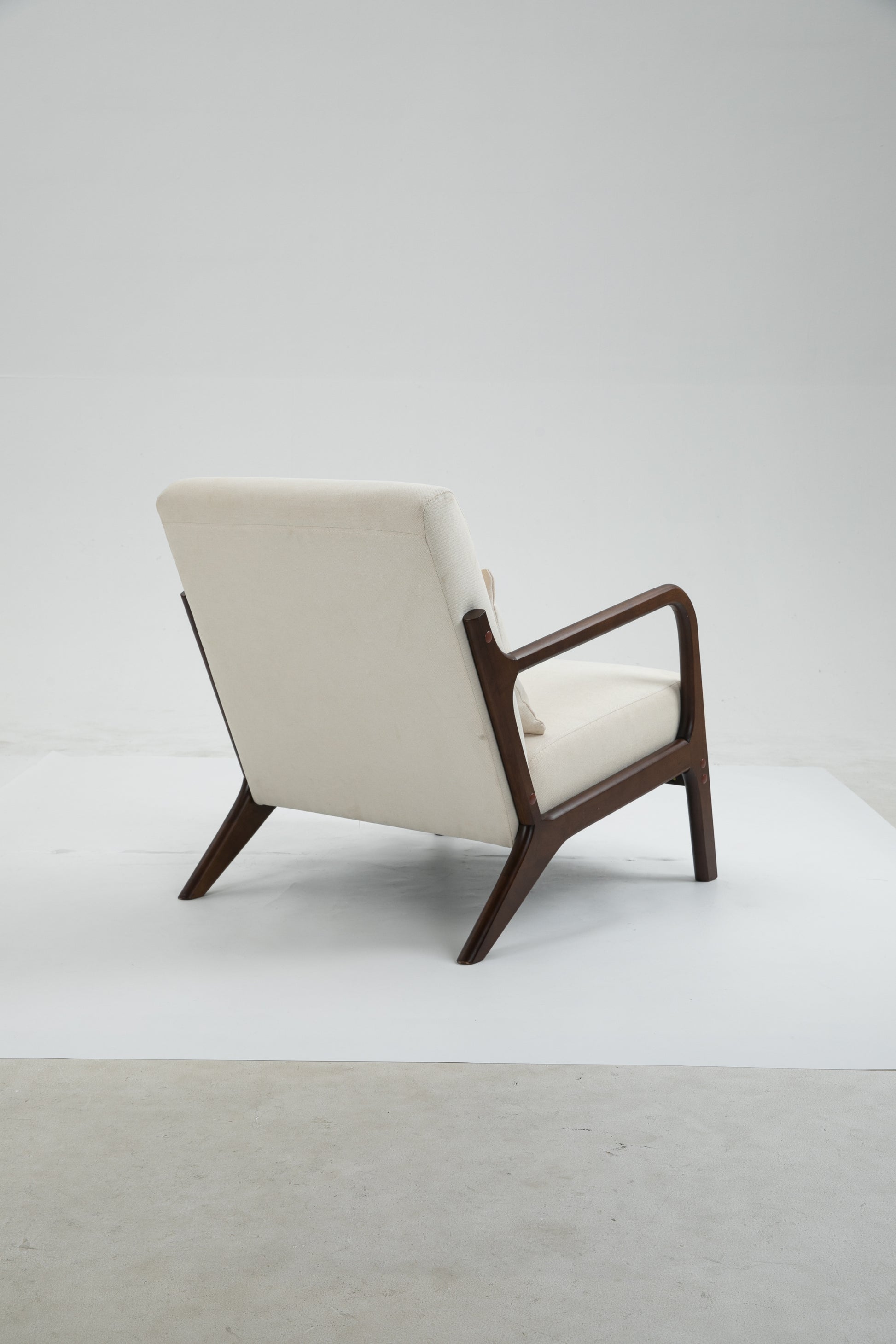 Mid Century Modern Accent Chair With Wood Frame, Upholstered Living Room Chairs With Waist Cushion, Reading Armchair For Bedroom Sunroom White Cotton Velvet