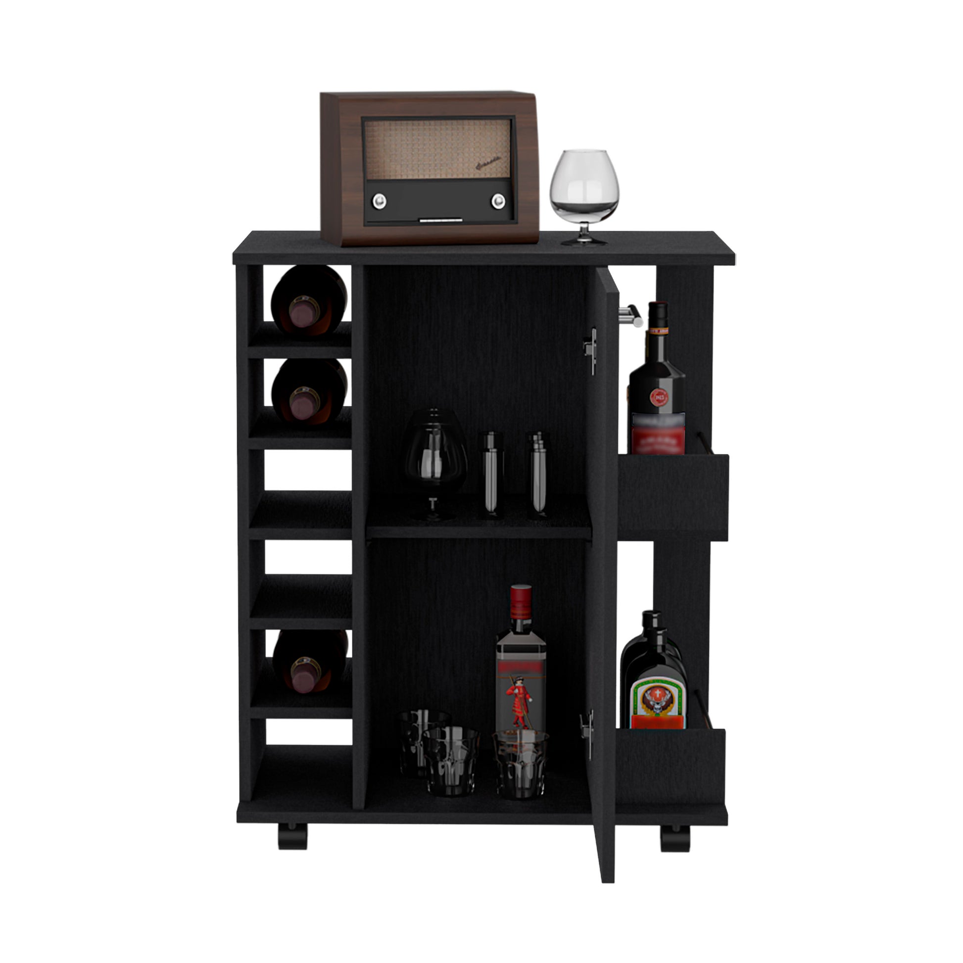 Bar Cart With Six Wine Cubbies Cabot, Two Side Storage Shelves And Casters, Black Wengue Finish Black Particle Board