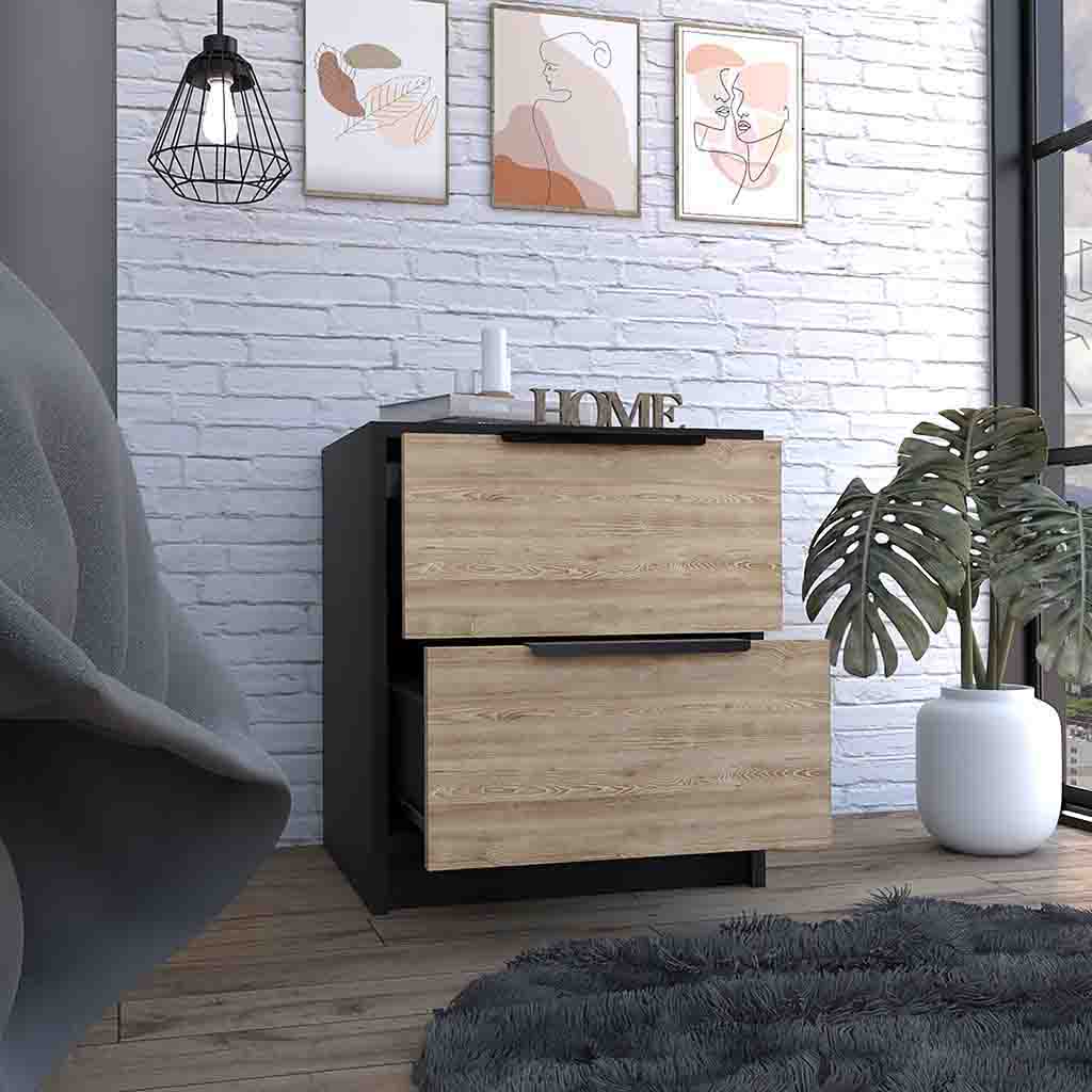 Nightstand Cervants, Two Drawers, Metal Handle, Black Wengue Pine Finish Multicolor Particle Board