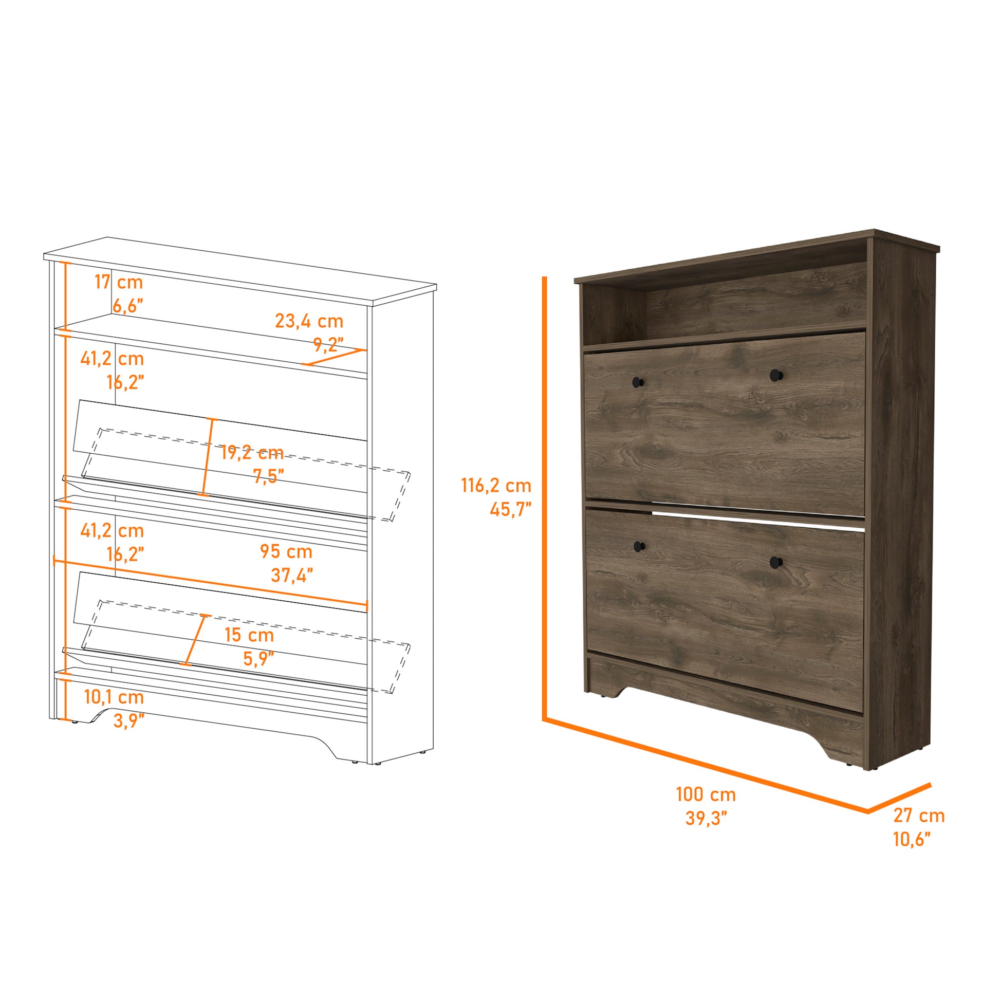 Shoe Rack Dublin, One Open Shelf, Two Extendable Cabinets, Dark Brown Finish Dark Brown Particle Board