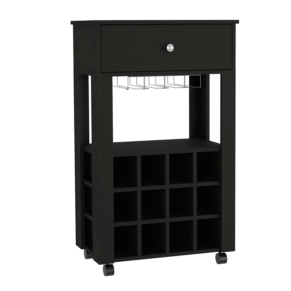 Bar Cart Bayamon, Twelve Wine Cubbies, Four Legs black-particle board