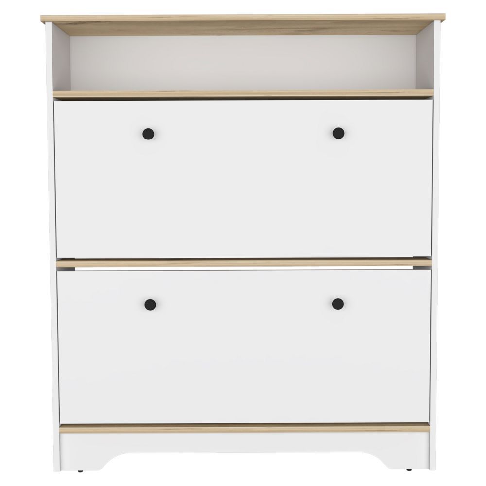 Shoe Rack Dublin, One Open Shelf, Two Extendable Cabinets, Light Oak White Finish Light Oak Particle Board