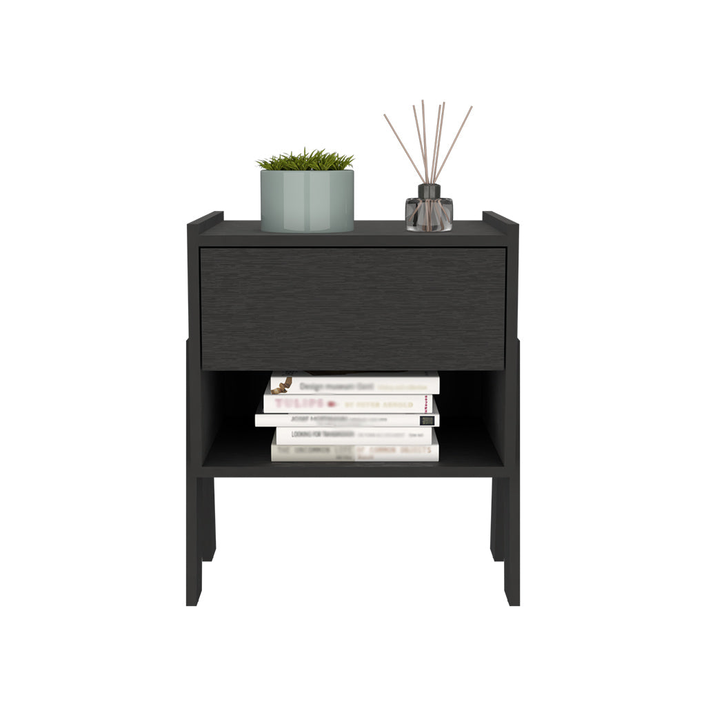 Nightstand Ferku, Open Shelf, One Drawer, Black Wengue Finish Black Particle Board