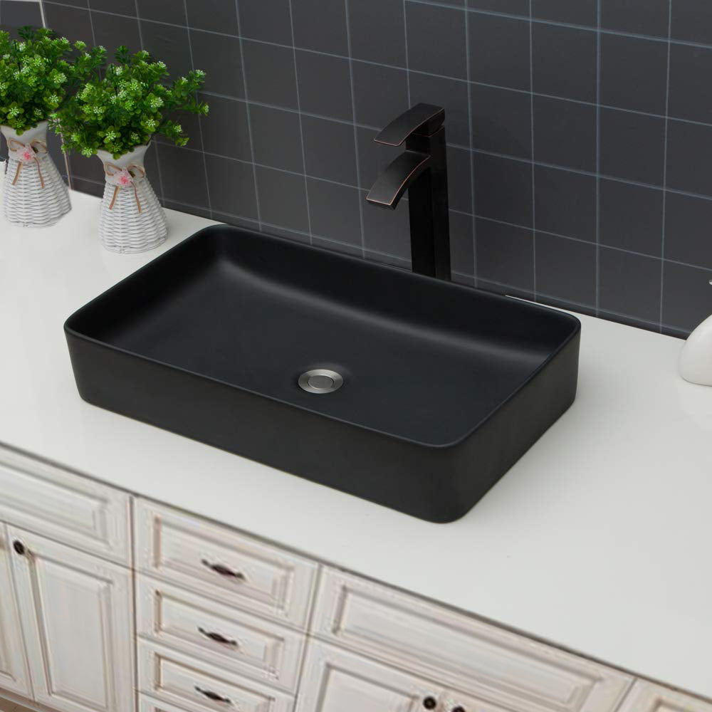 24"X13.5" Black Ceramic Rectangular Vessel Bathroom Sink Black Ceramic