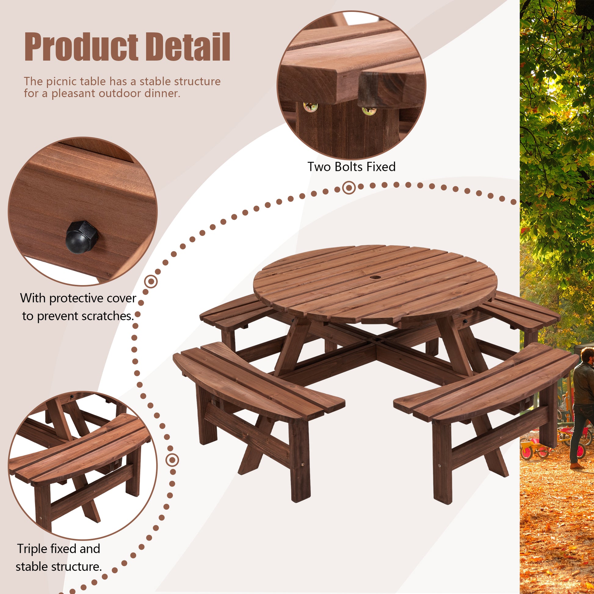 8 Person Wooden Picnic Table, Outdoor Camping Dining Table With Seat, Garden, Diy W 4 Built In Benches, 2220Lb Capacity Brown Solid Wood