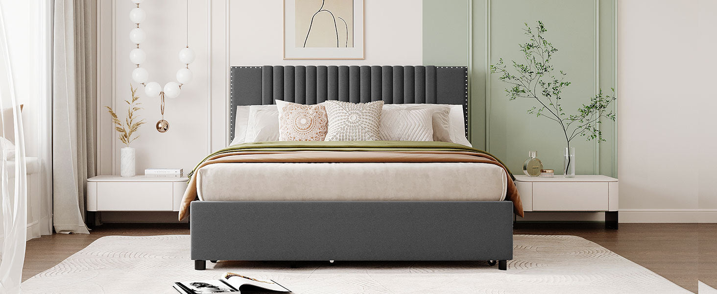 Queen Size Upholstered Platform Bed With 2 Drawers And 1 Twin Xl Trundle, Classic Headboard Design, Gray Gray Linen