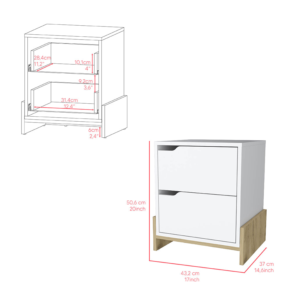 Nightstand Brookland, Bedside Table With Double Drawers And Sturdy Base, White Macadamia Finish Multicolor Particle Board