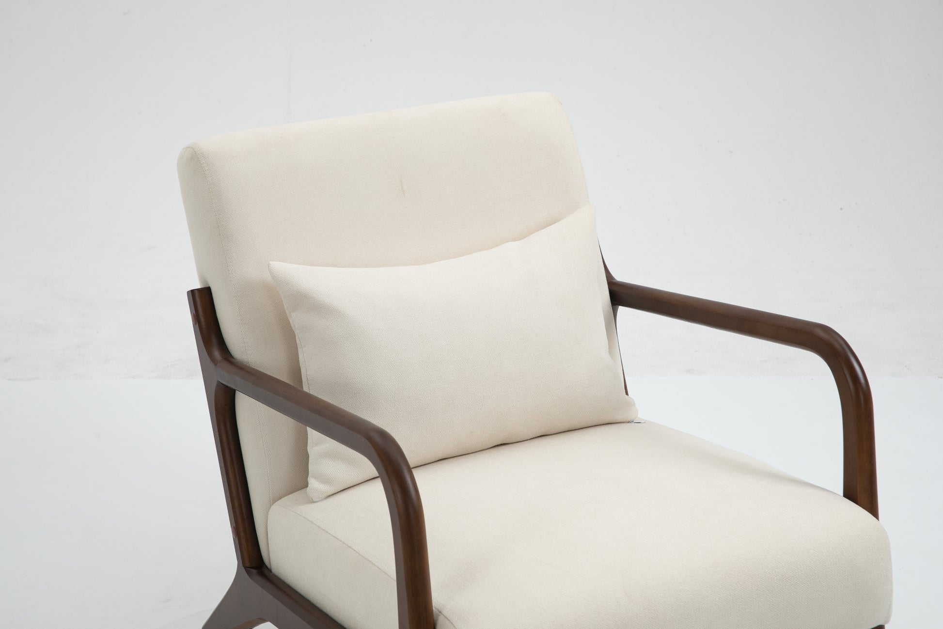 Mid Century Modern Accent Chair With Wood Frame, Upholstered Living Room Chairs With Waist Cushion, Reading Armchair For Bedroom Sunroom White Cotton Velvet