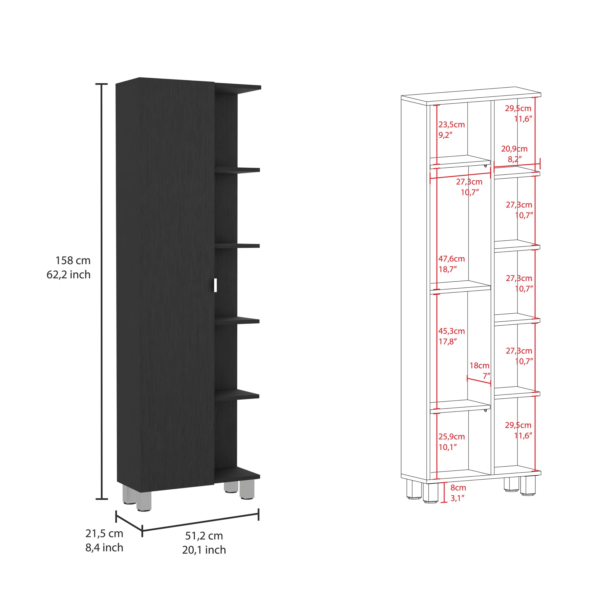 Corner Cabinet Womppi, Five Open Shelves, Single Door, Black Wengue Finish Black Particle Board