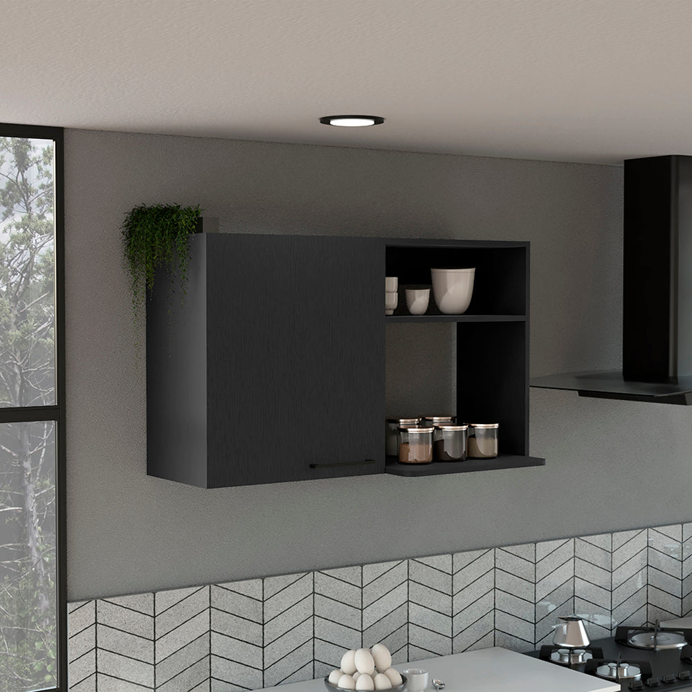 Kitchen Wall Cabinet Bussolengo, Two Shelves, Black Wengue Finish Black Particle Board