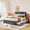 Full Size Upholstered Platform Bed With 2 Drawers And 1 Twin Size Trundle, Classic Headboard Design, Gray Gray Linen