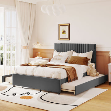 Full Size Upholstered Platform Bed With 2 Drawers And 1 Twin Size Trundle, Classic Headboard Design, Gray Gray Linen