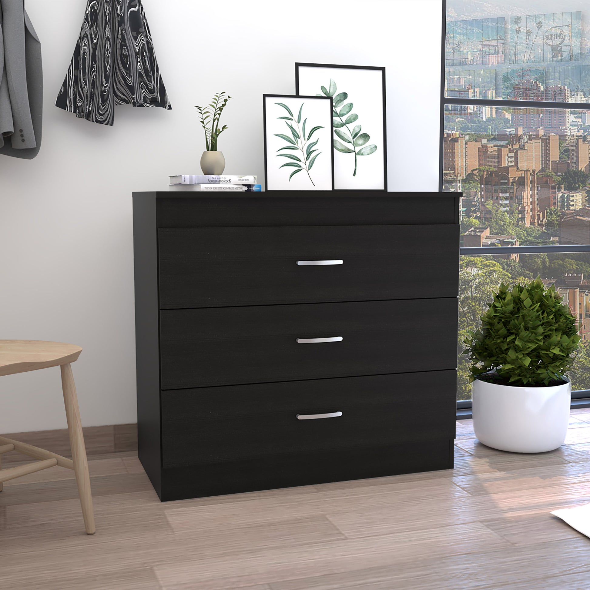 Three Drawer Dresser Lial, Superior Top, Metal Hardware, Black Wengue Three Drawer Dresser Lial, Superior Top, Metal Hardware, Black Wengue