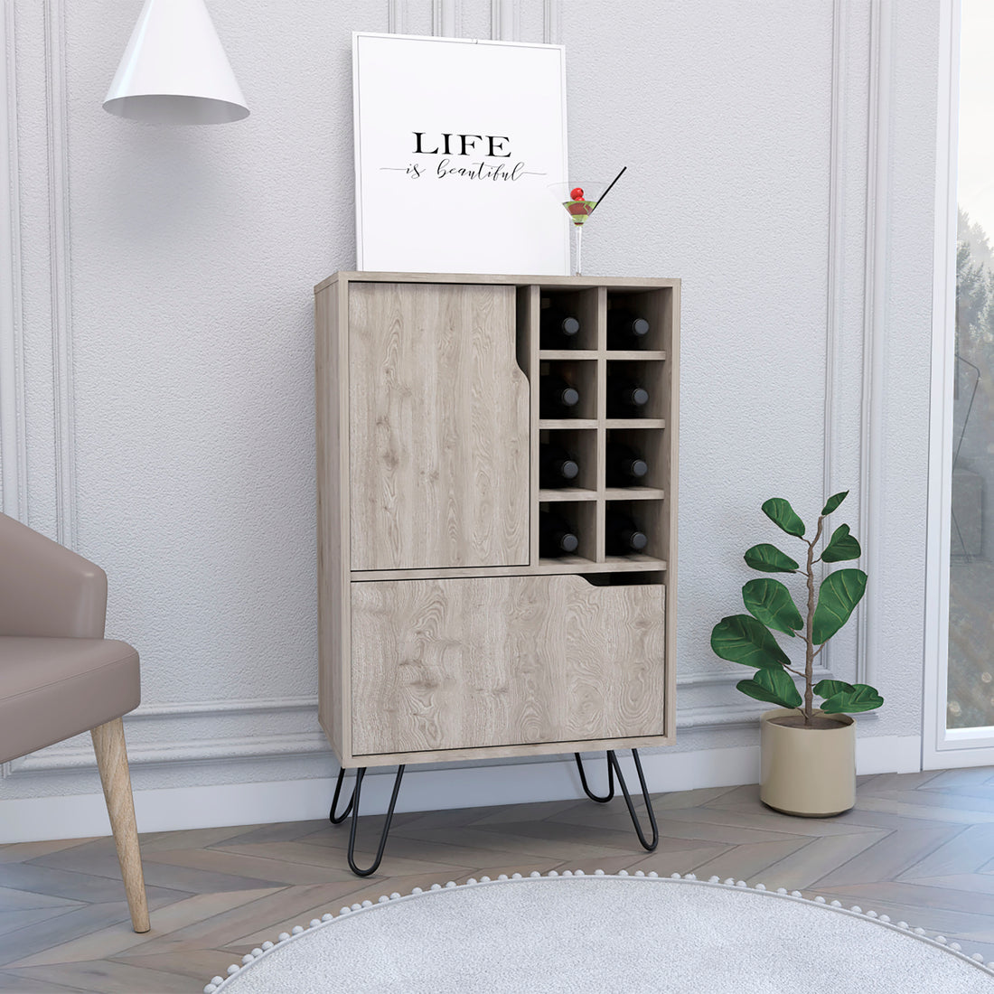 L Bar Cabinet Silhill, Eight Wine Cubbies, Two Cabinets With Single Door, Light Gray Finish Light Gray Particle Board