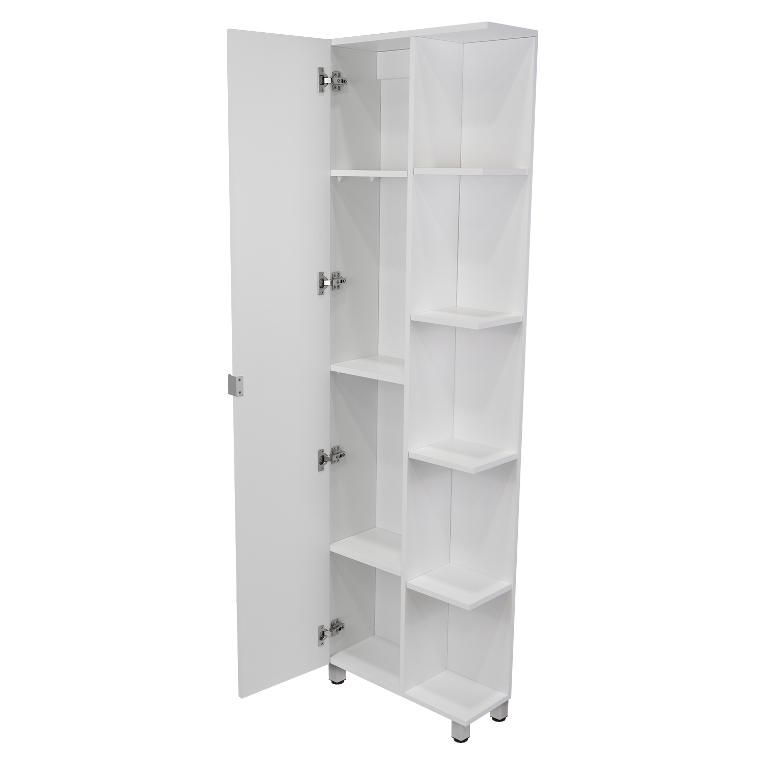 Corner Cabinet Womppi, Five Open Shelves, Single Door, White Finish White Particle Board