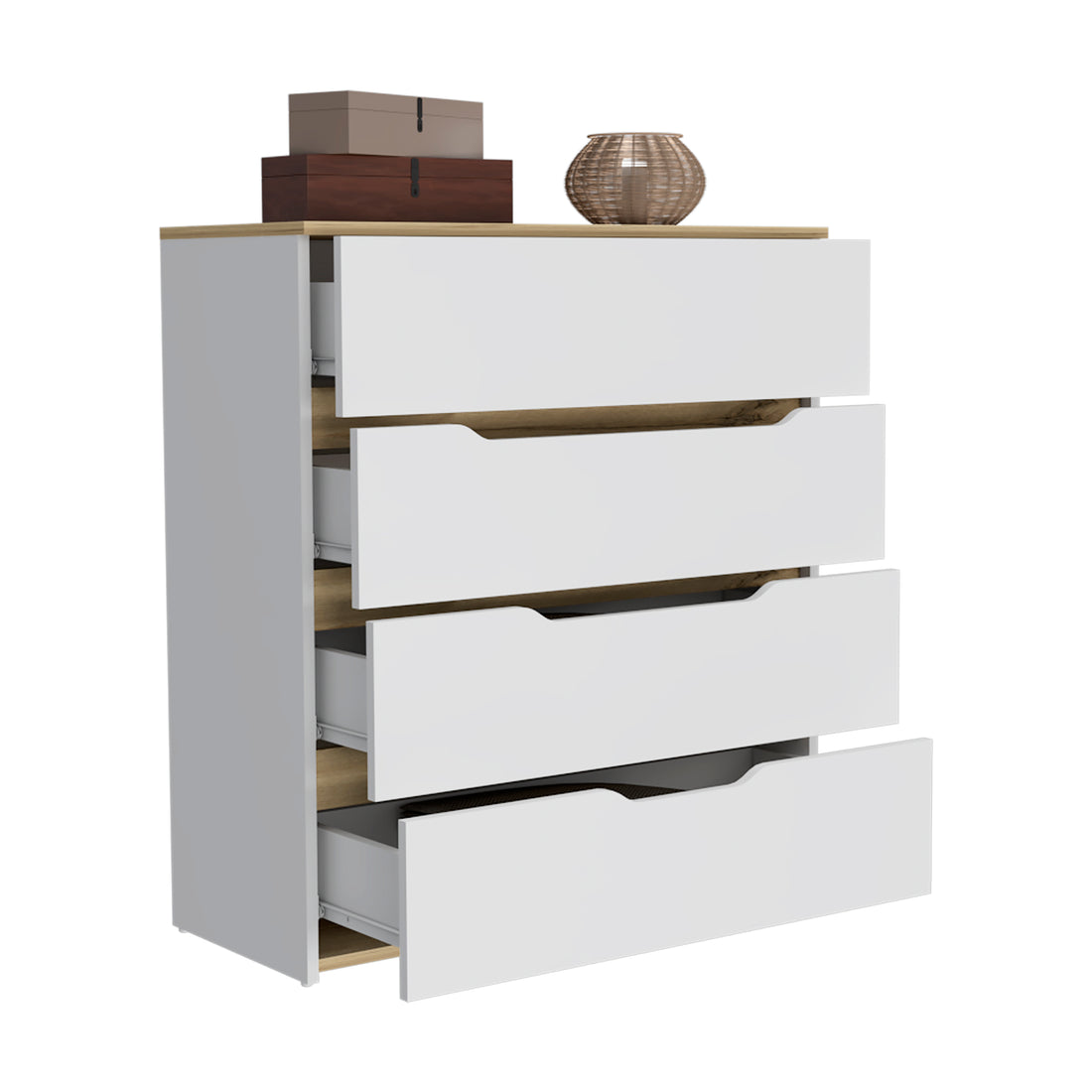 Dresser Oboe, Superior Top, Four Drawers, White Light Oak Finish White Light Oak Particle Board