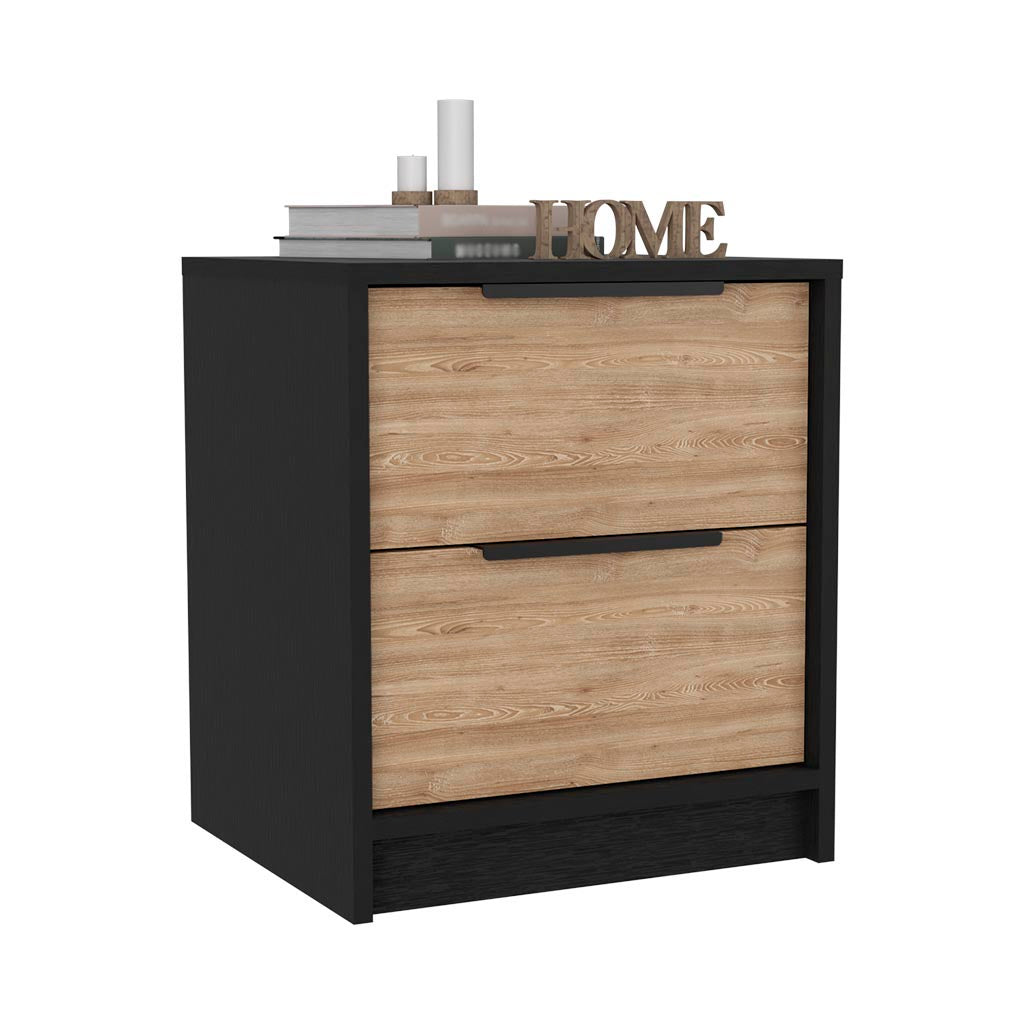 Nightstand Cervants, Two Drawers, Metal Handle, Black Wengue Pine Finish Multicolor Particle Board