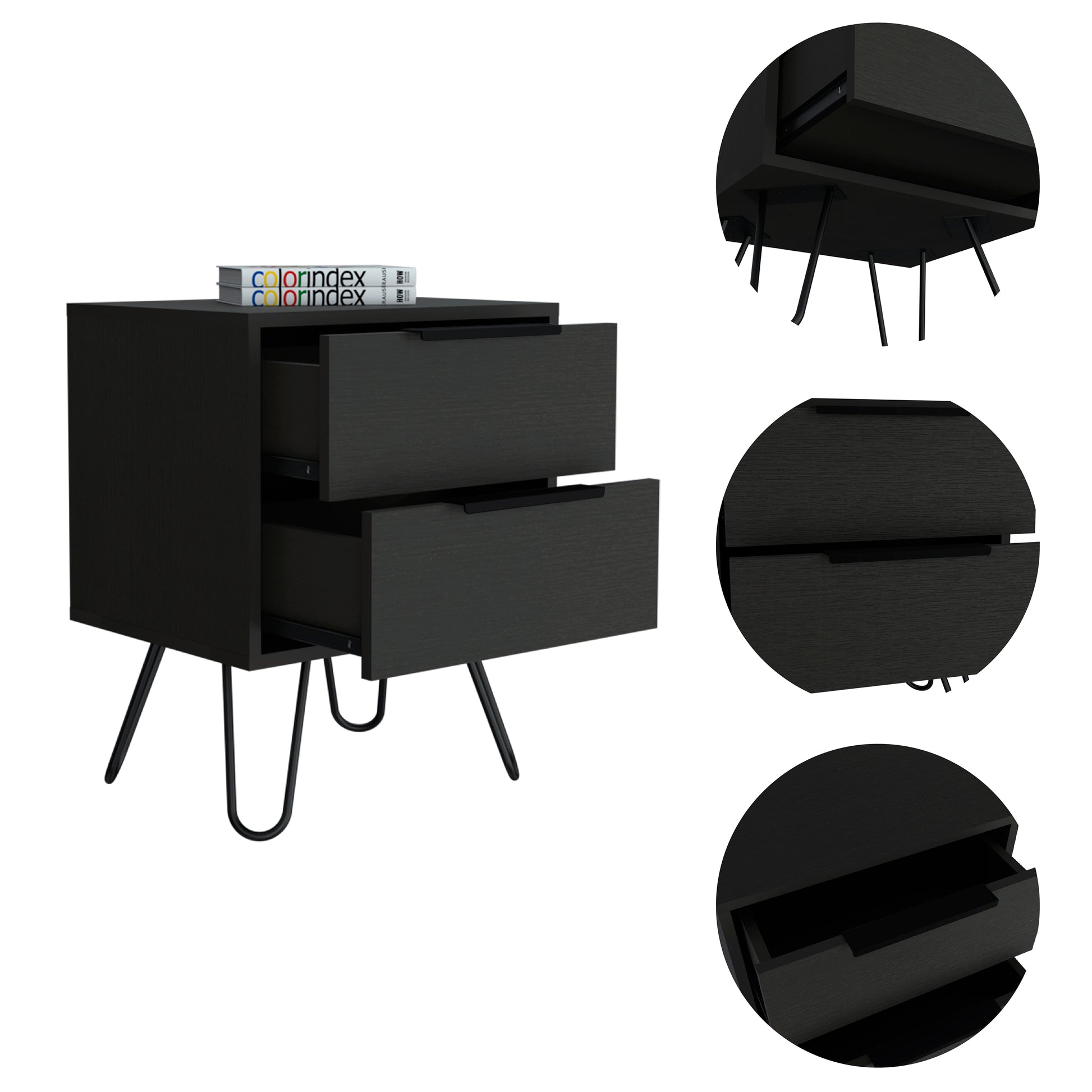 Nightstand Skyoner 2, Harpin Legs, Two Drawers, Black Wengue Finish Black Particle Board