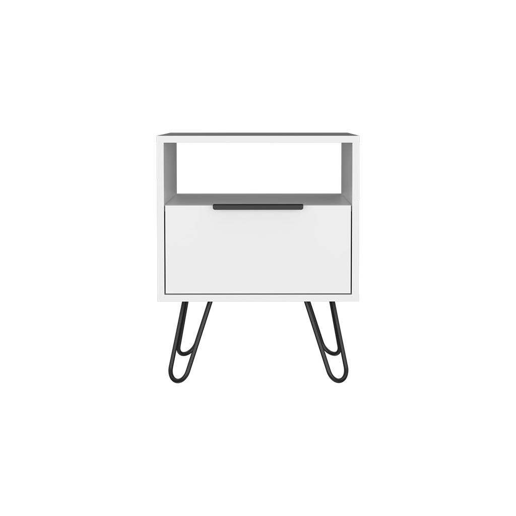 Nightstand Skyoner, Single Drawer, Hairpin Legs, White Finish White Particle Board