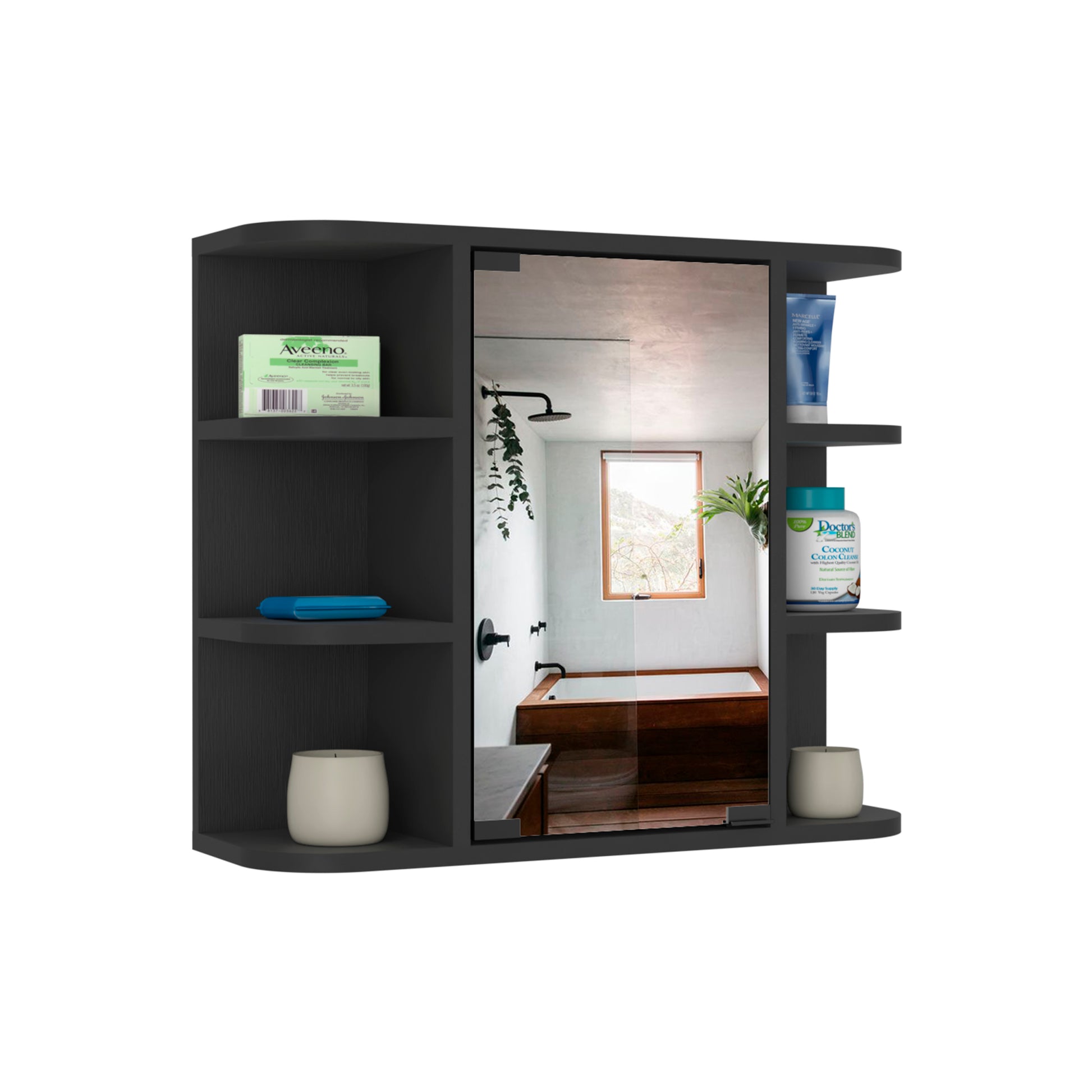 Medicine Cabinet Milano,Six External Shelves Mirror, Black Wengue Finish Black Particle Board