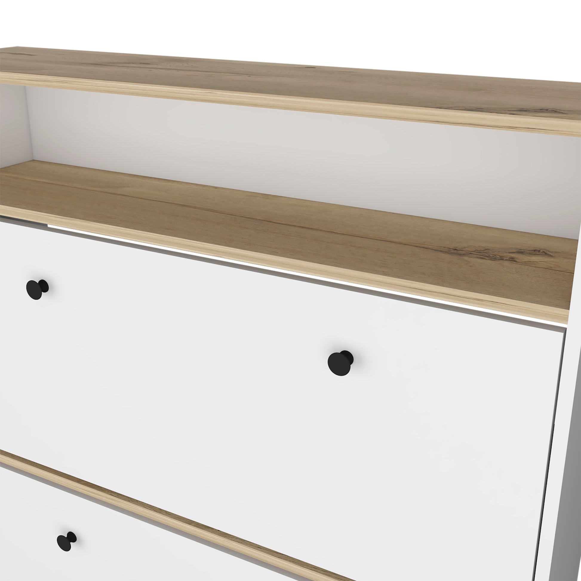 Shoe Rack Dublin, One Open Shelf, Two Extendable Cabinets, Light Oak White Finish Light Oak Particle Board