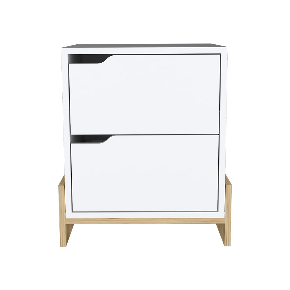 Nightstand Brookland, Bedside Table With Double Drawers And Sturdy Base, White Macadamia Finish Multicolor Particle Board