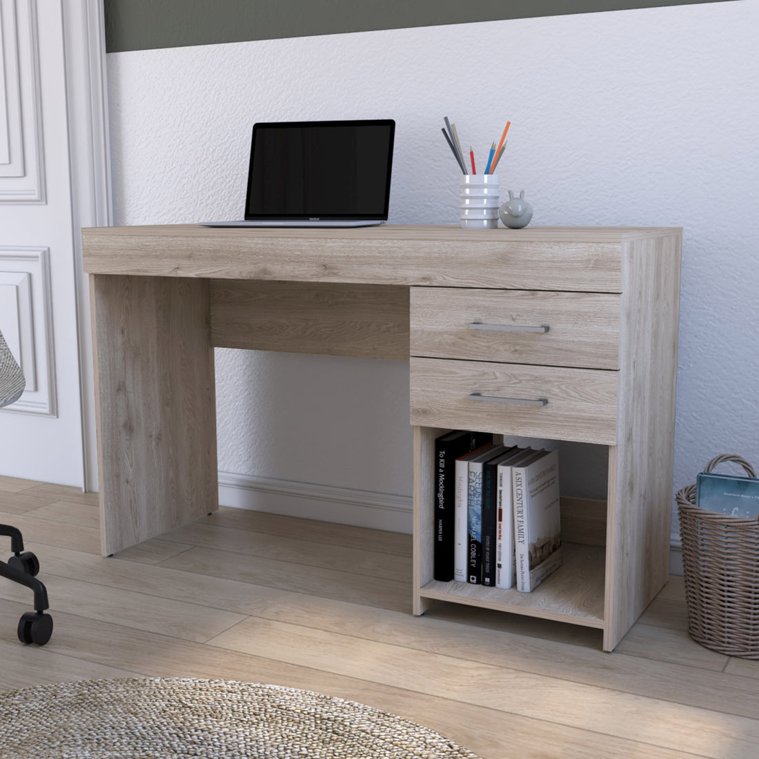 Computer Desk Limestone, Two Drawers, Light Gray Finish Light Gray Particle Board