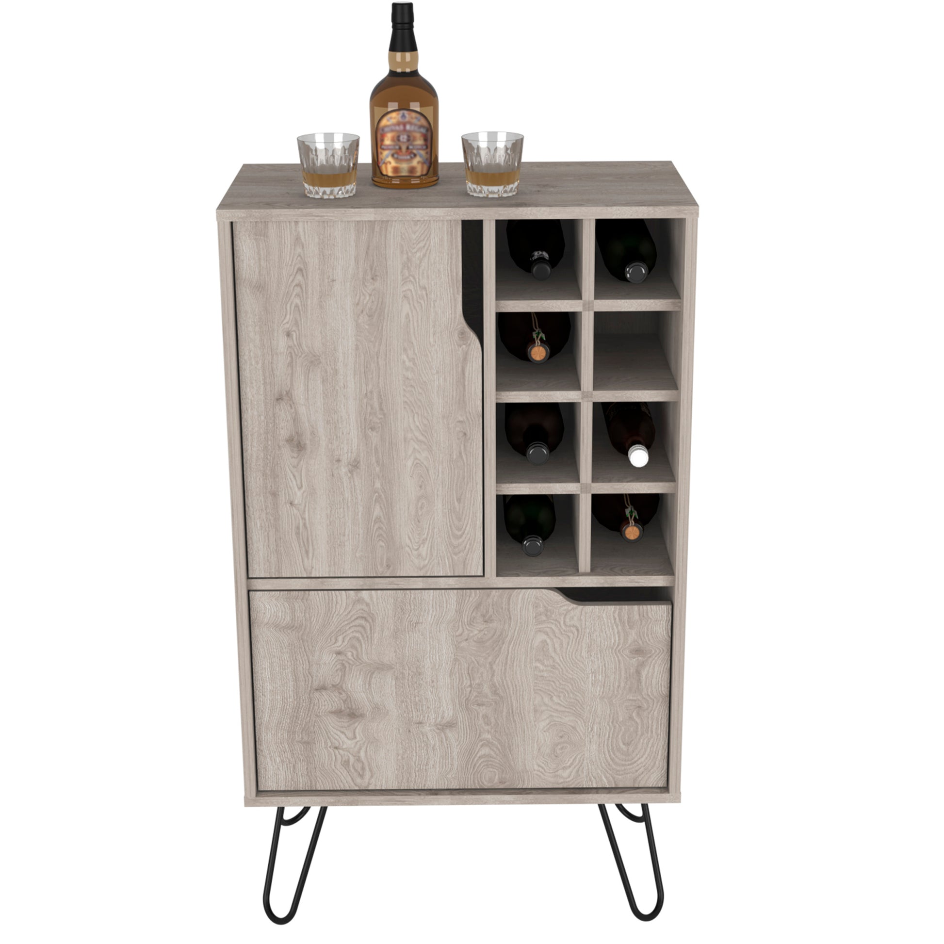 L Bar Cabinet Silhill, Eight Wine Cubbies, Two Cabinets With Single Door, Light Gray Finish Light Gray Particle Board