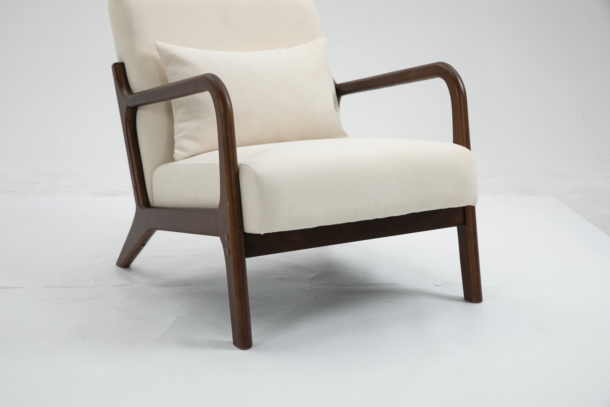 Mid Century Modern Accent Chair With Wood Frame, Upholstered Living Room Chairs With Waist Cushion, Reading Armchair For Bedroom Sunroom White Cotton Velvet