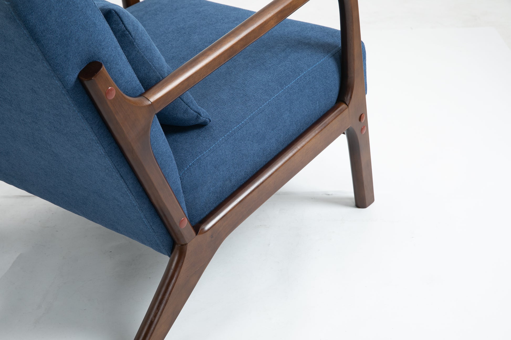 Mid Century Modern Accent Chair With Wood Frame, Upholstered Living Room Chairs With Waist Cushion, Reading Armchair For Bedroom Sunroom Blue Cotton Velvet
