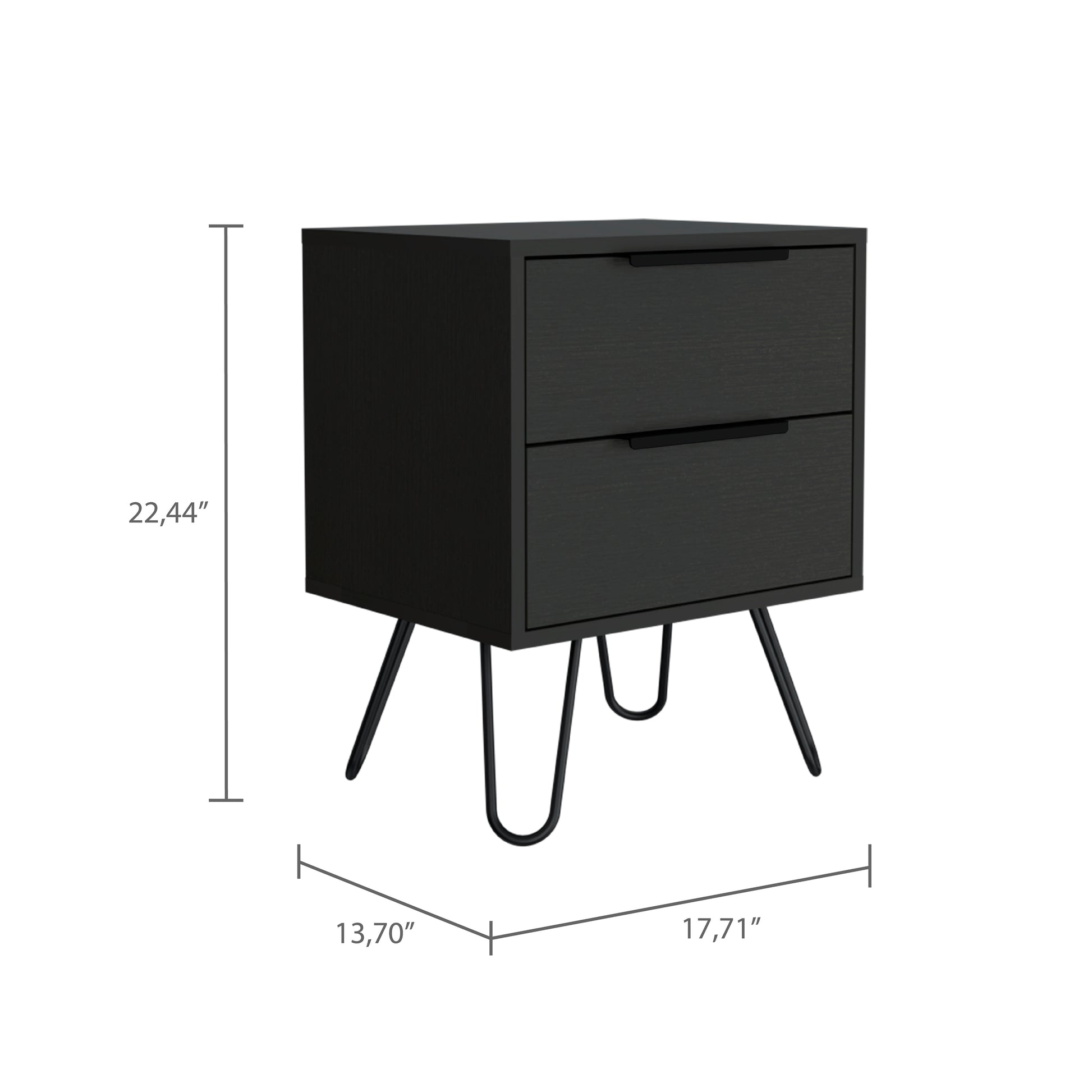 Nightstand Skyoner 2, Harpin Legs, Two Drawers, Black Wengue Finish Black Particle Board