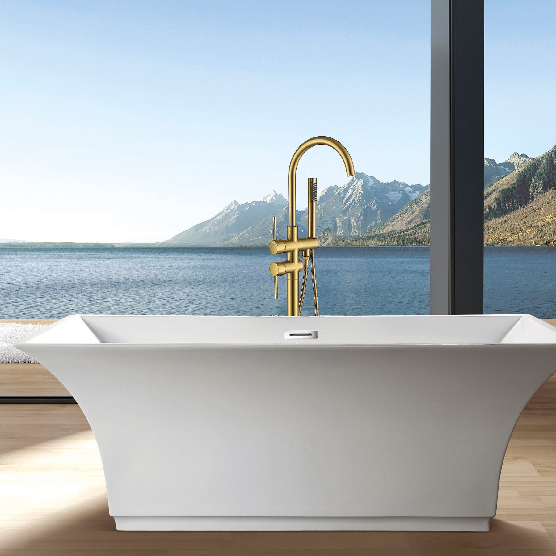 Freestanding Bathtub Faucet With Hand Shower Brushed Gold Metal