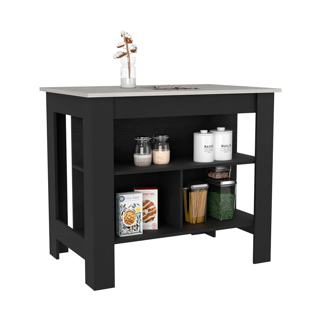 Kitchen Island Dozza, Three Shelves, Black Ibiza Marble Color Finish Multicolor Particle Board