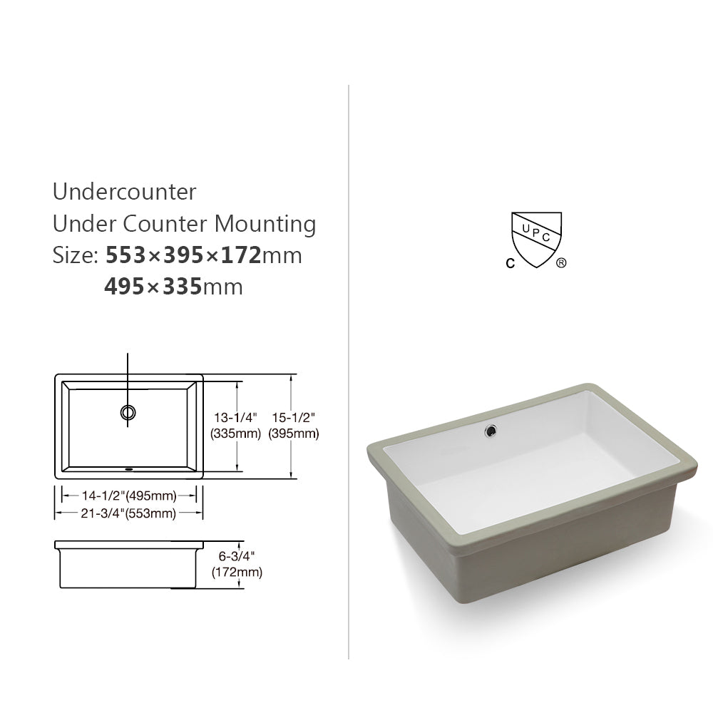 22"X15.5" White Ceramic Rectangular Undermount Bathroom Sink With Overflow White Ceramic