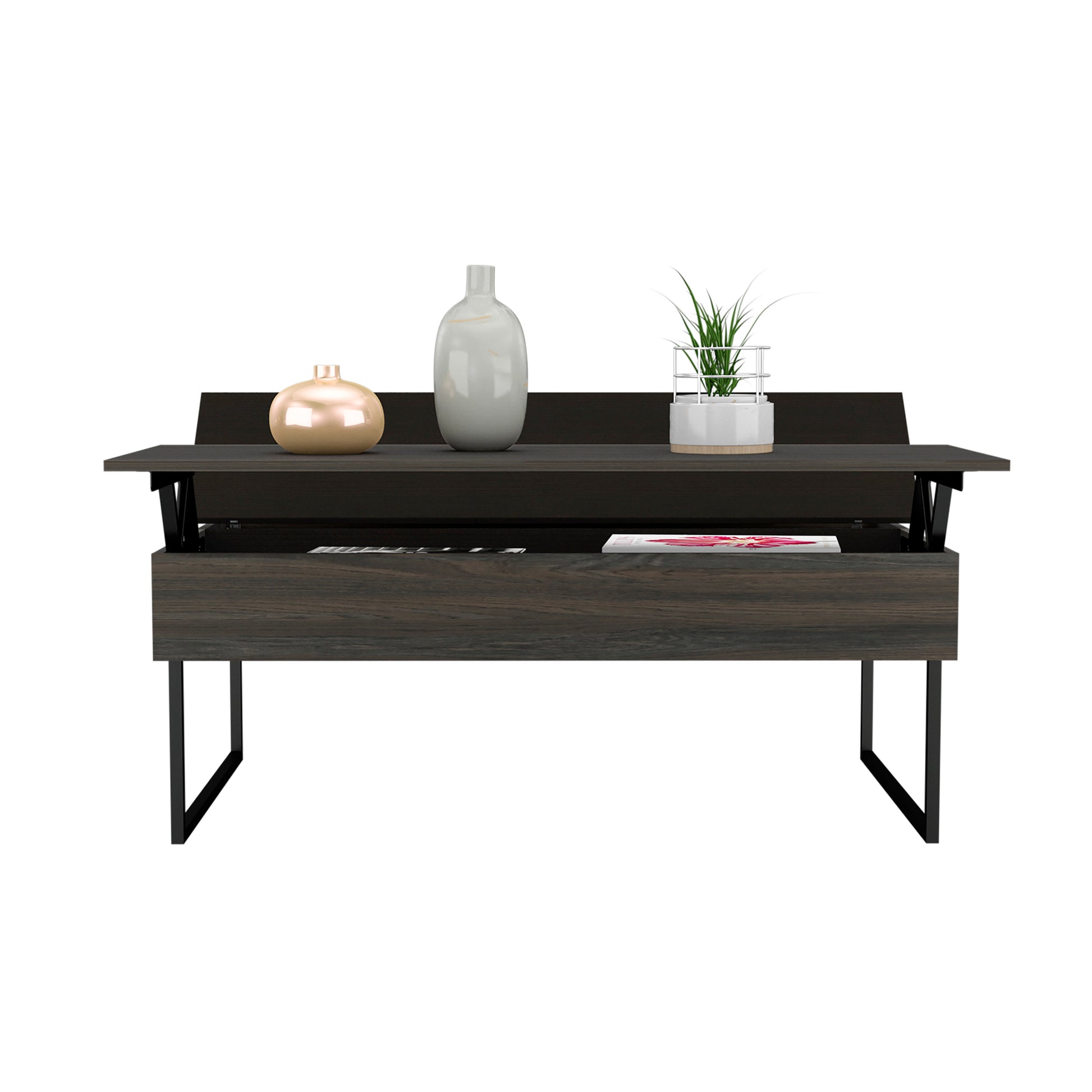 Lift Top Coffee Table Wuzz, Two Legs, Two Shelves, Carbon Espresso Black Wengue Finish Espresso Particle Board