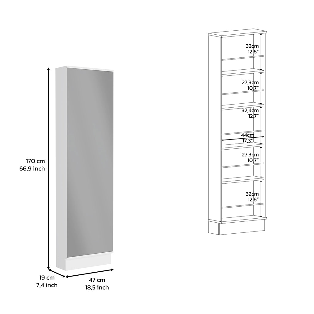 Shoe Rack Chimg, Mirror, Five Interior Shelves, Single Door Cabinet, White Finish White Particle Board